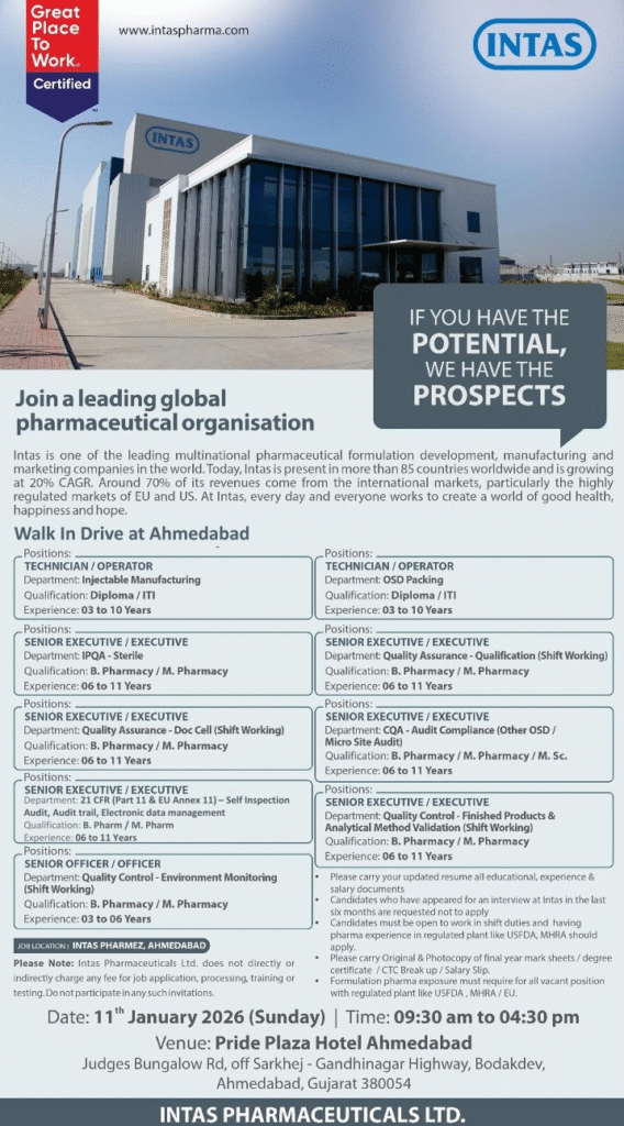 Intas Pharmaceuticals Walk-in Drive Ahmedabad