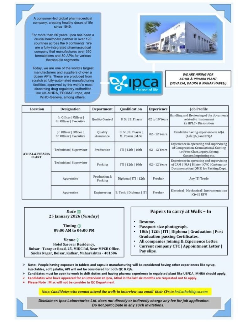 Ipca Laboratories Walk In Interview 2026