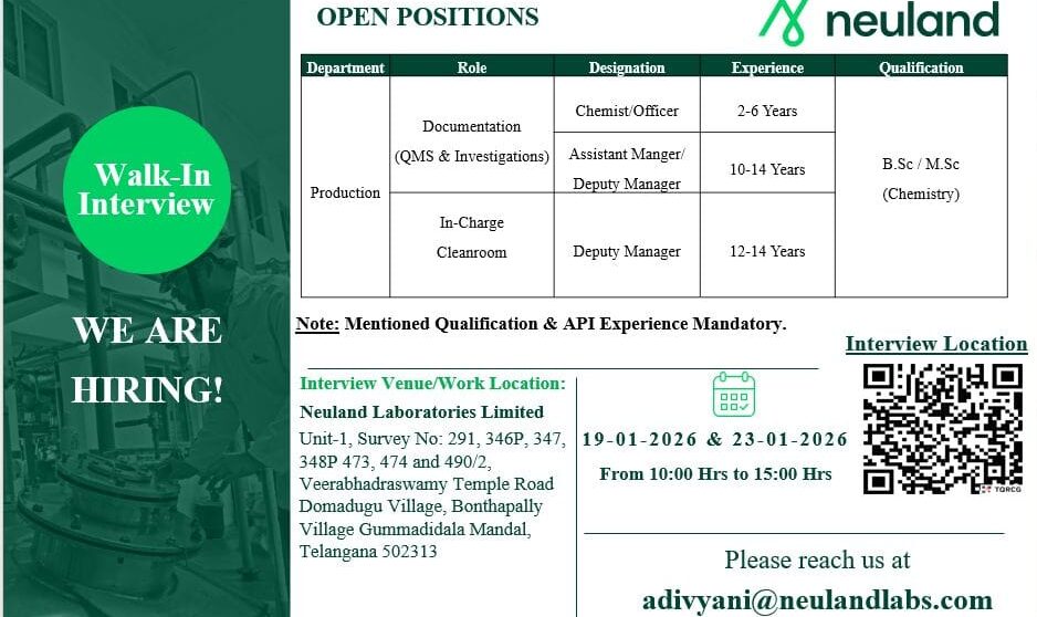 Neuland Laboratories Walk In Interview 2026