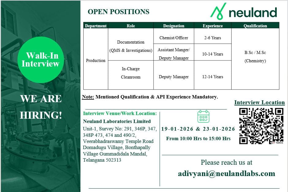 Neuland Laboratories Walk In Interview 2026