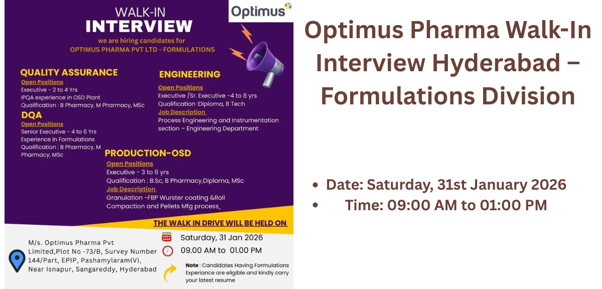 Optimus Pharma Walk-In Interview Hyderabad