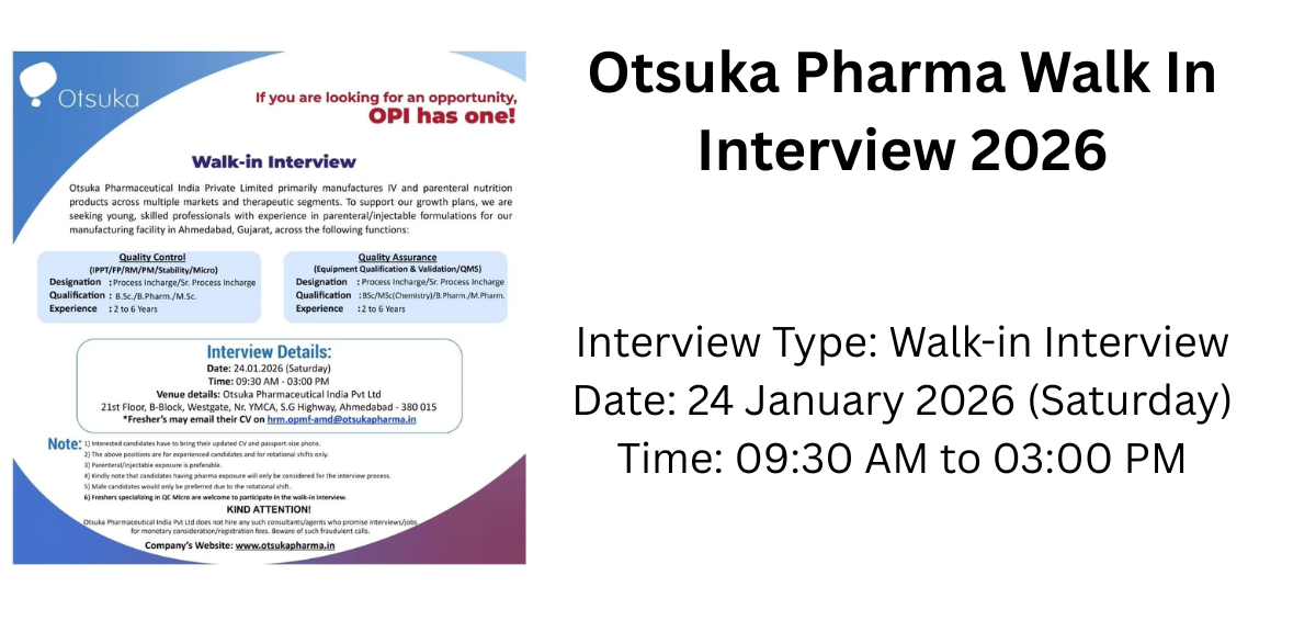 Otsuka Pharma Walk In Interview 2026