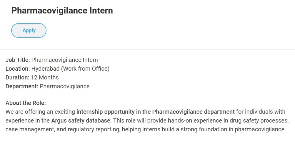 Pharmacovigilance Intern Job