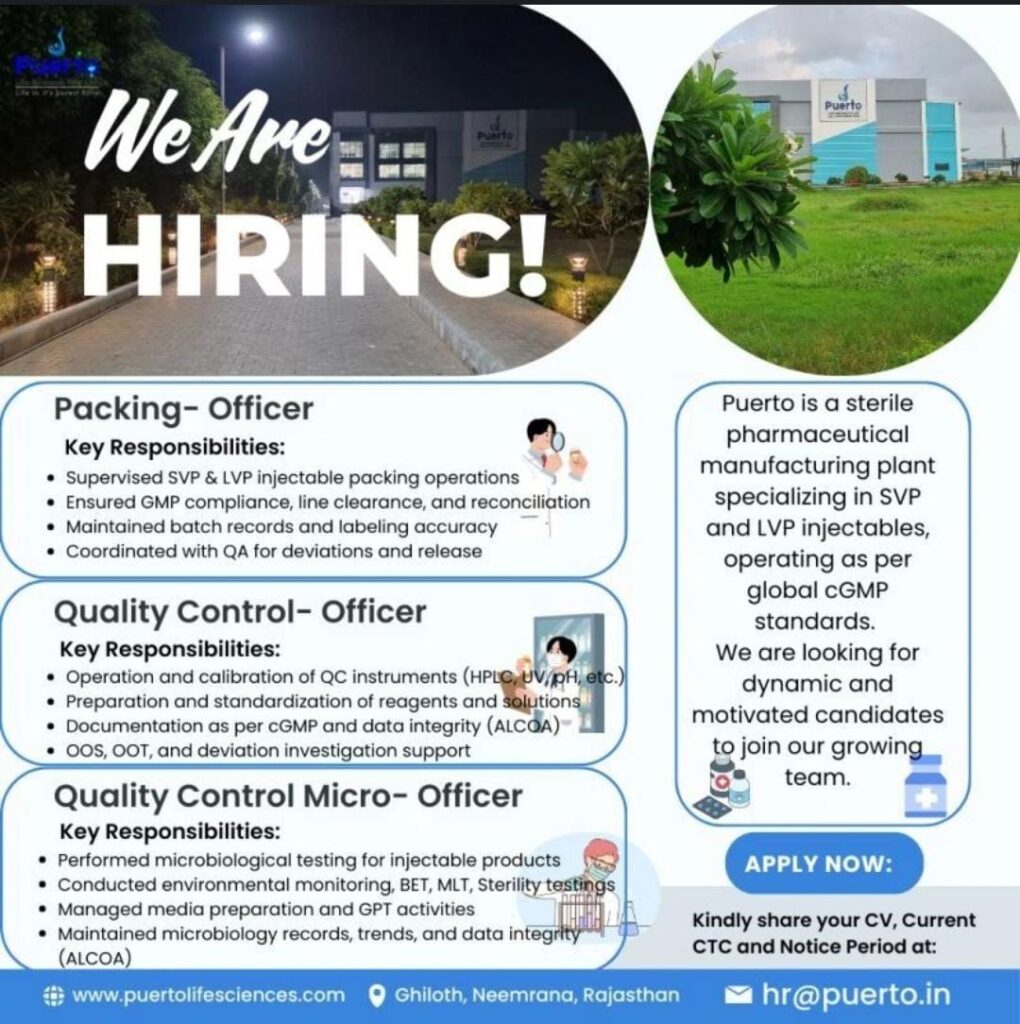 Puerto Lifesciences Job Vacancy in Rajasthan