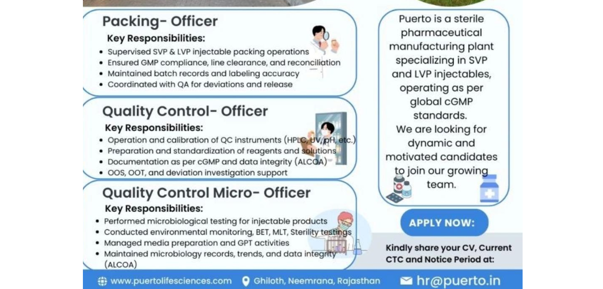 Puerto Lifesciences Job Vacancy in Rajasthan
