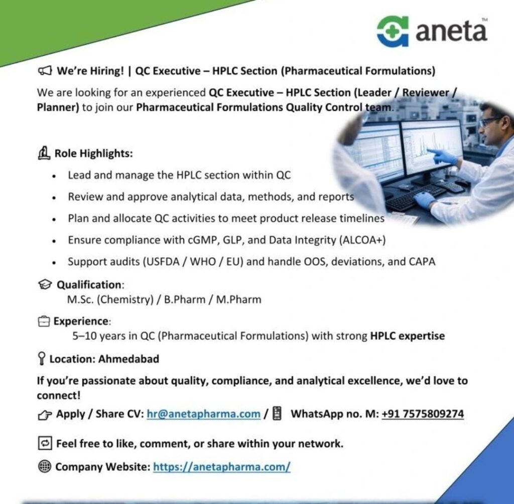 QC Executive HPLC Jobs in Ahmedabad