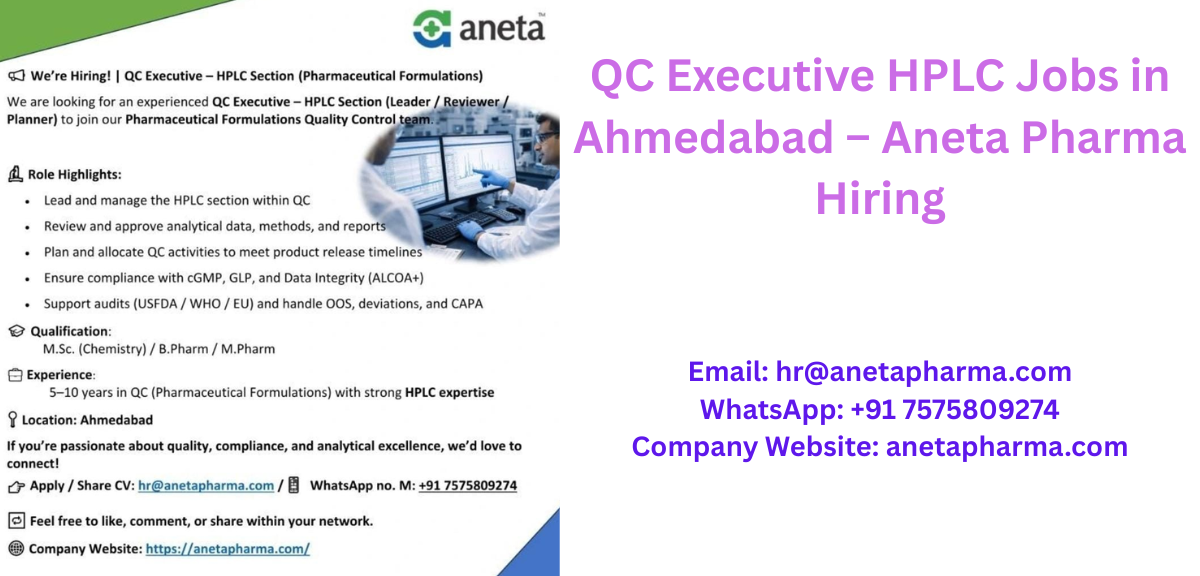 QC Executive HPLC Jobs in Ahmedabad