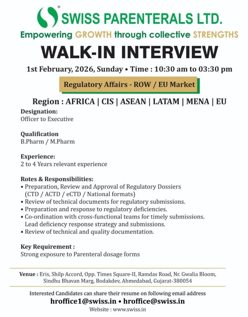 Regulatory Affairs Walk-In Interview Ahmedabad