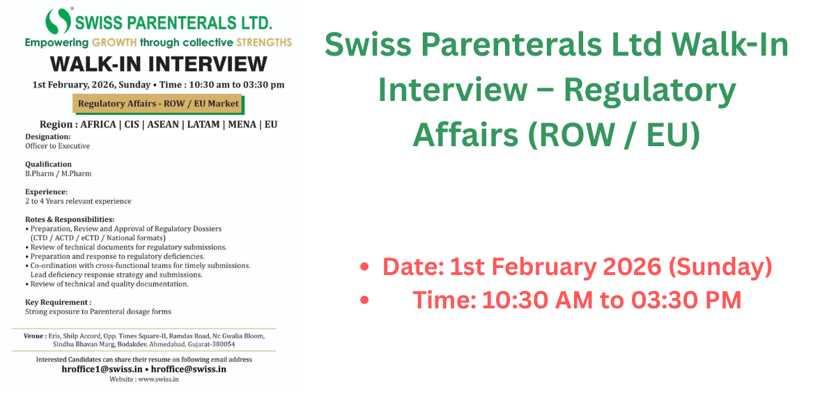 Regulatory Affairs Walk-In Interview Ahmedabad
