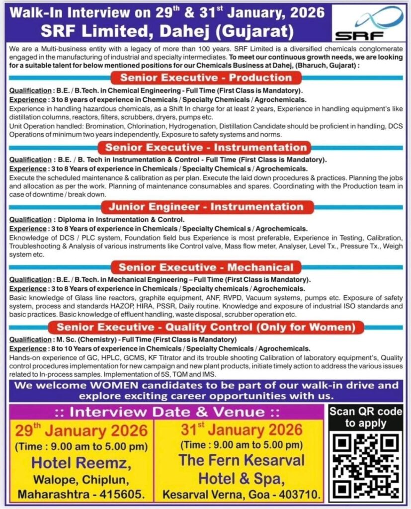 SRF Limited Walk-In Interview Dahej