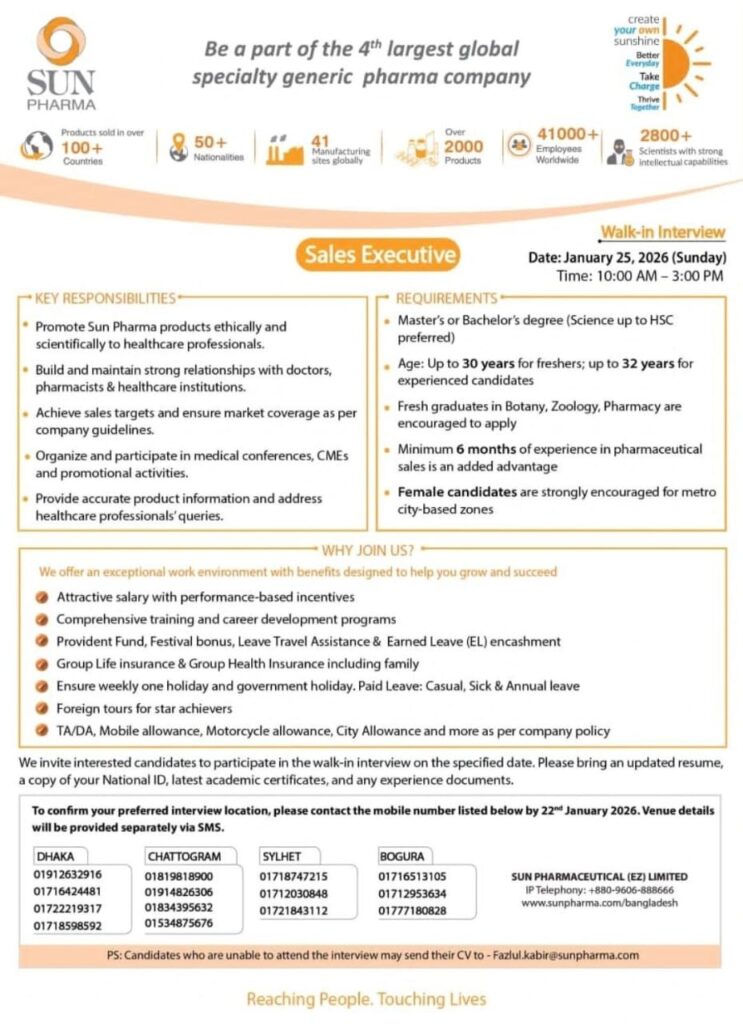 Sun Pharma Sales Executive Job Vacancy 2026