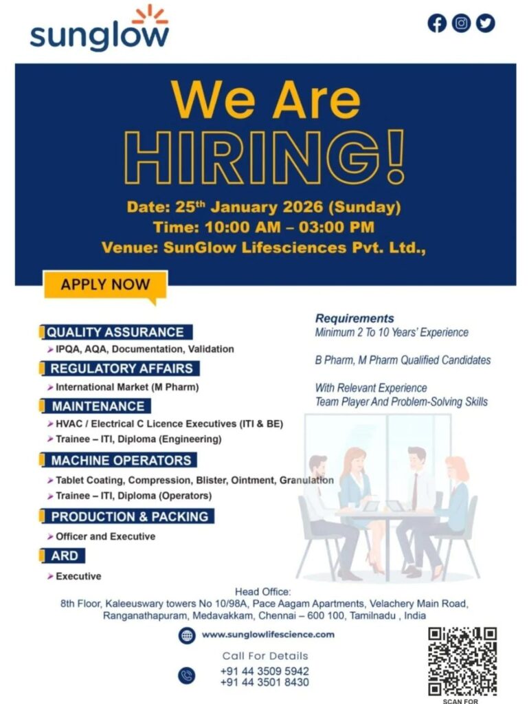 SunGlow Lifesciences Walk-In Interview 2026