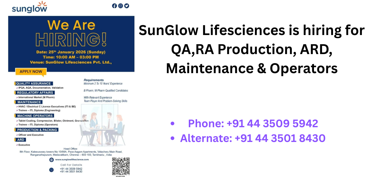 SunGlow Lifesciences Walk-In Interview 2026