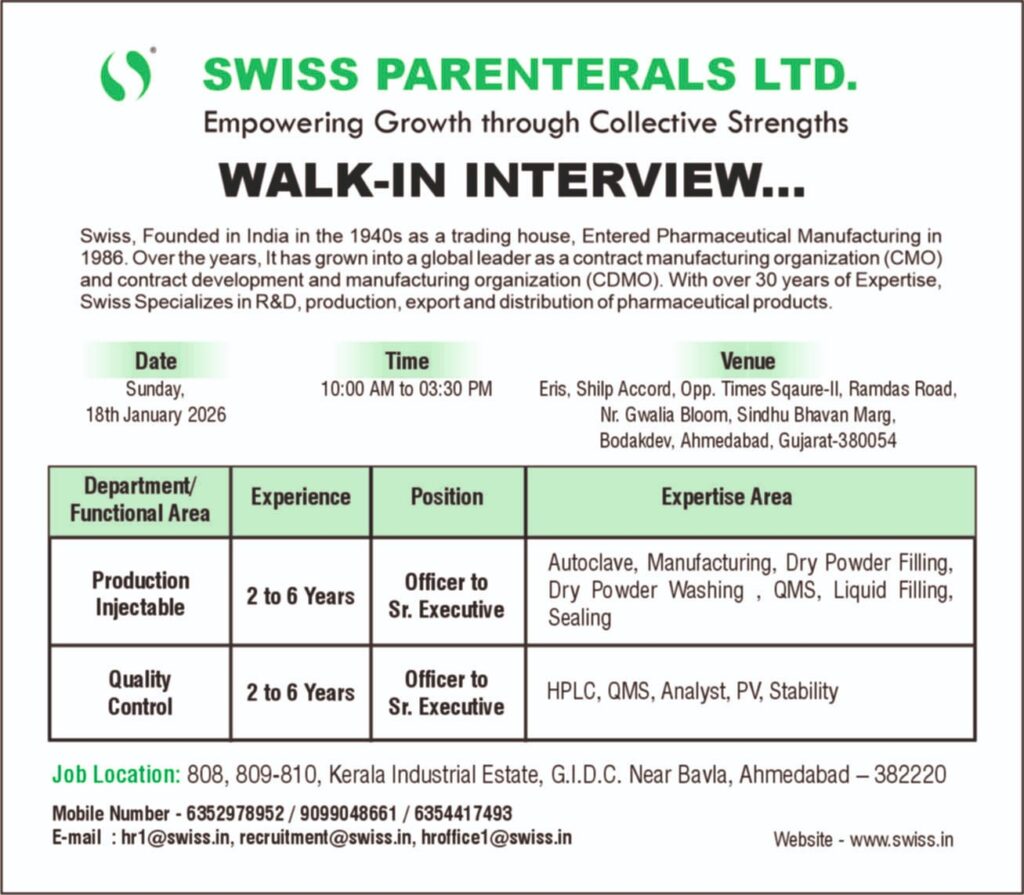 Swiss Parenterals Walk In Interview 2026