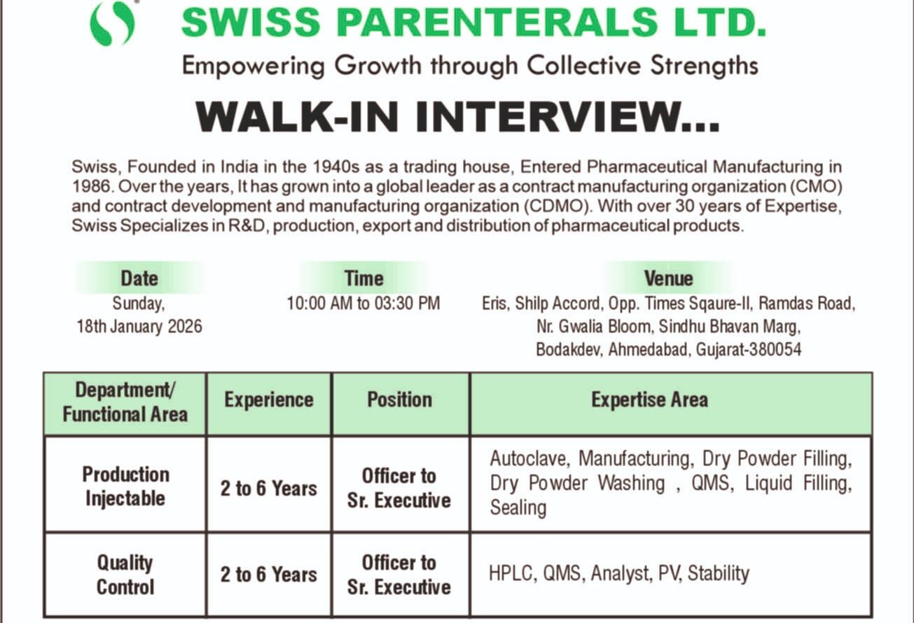 Swiss Parenterals Walk In Interview 2026