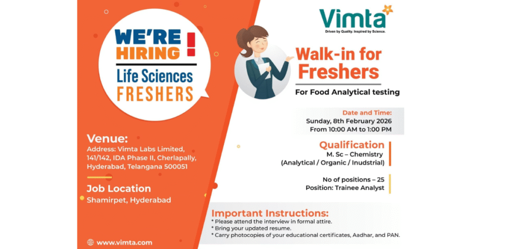 Vimta Labs Freshers Walk-in Job