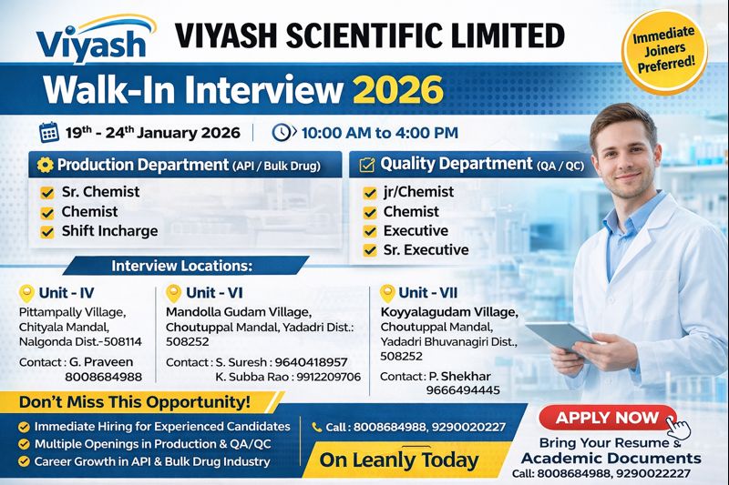Viyash Scientific Limited Walk In Interview 2026