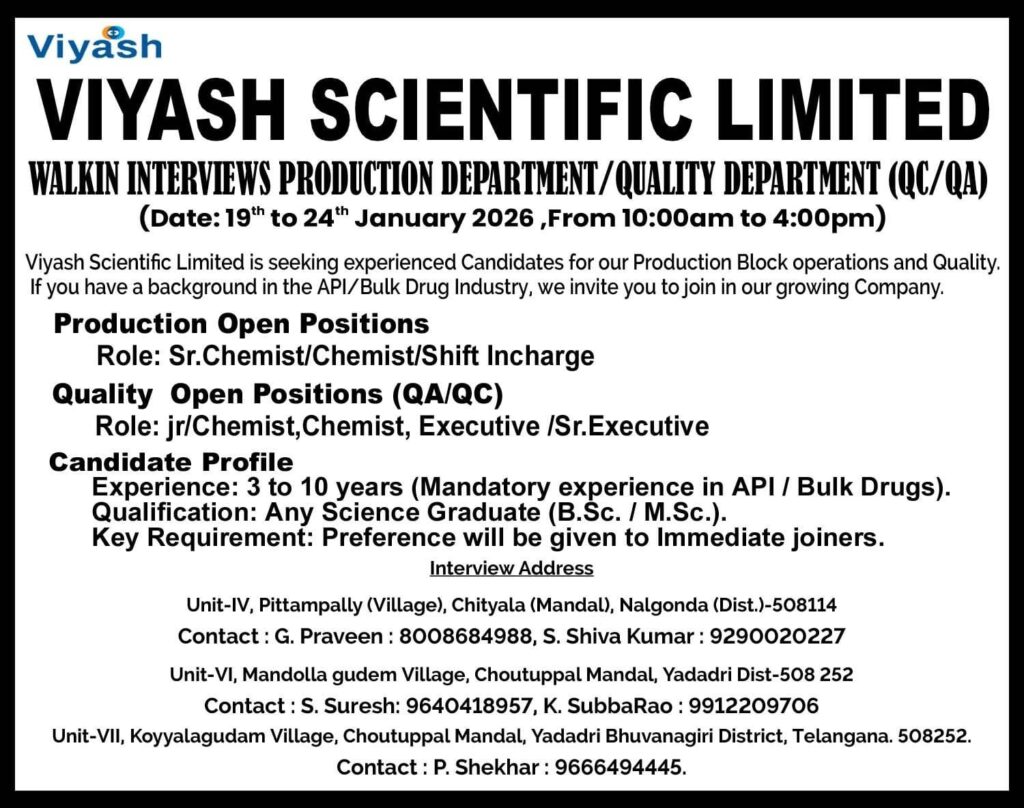 Viyash Scientific Limited Walk In Interview 2026