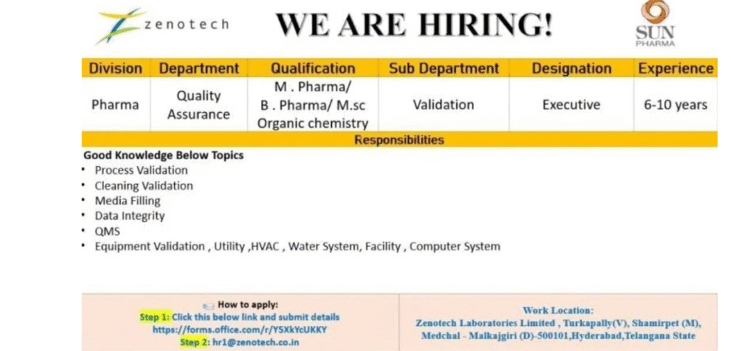 Zenotech Pharma Job Vacancy in Hyderabad