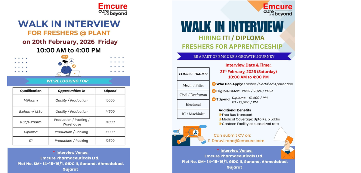Emcure Pharma Walk In Interview For Freshers QA QC