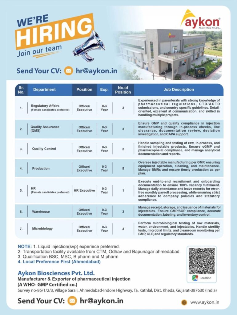 Freshers Regulatory Affairs QA QC Production job Ahmedabad