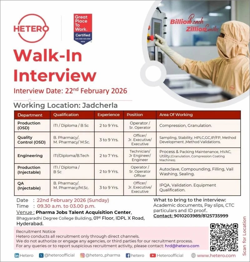 Hetero Walk-In Interview 2026