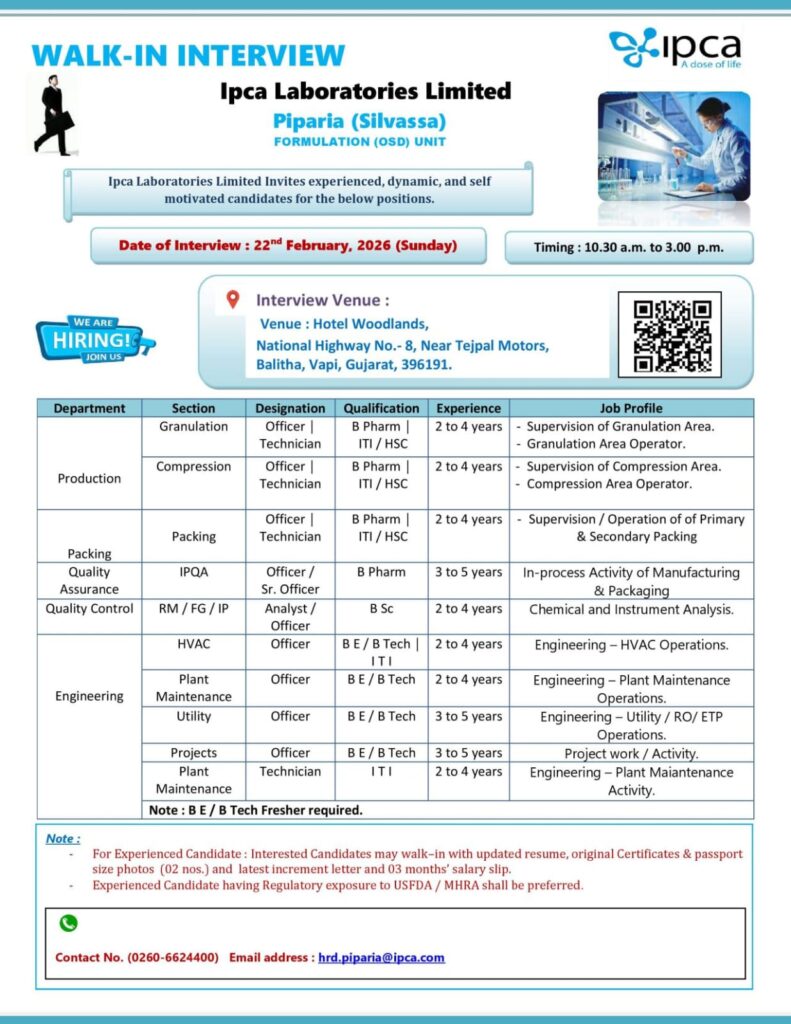 IPCA Walk in interview for QA QC & Engineering