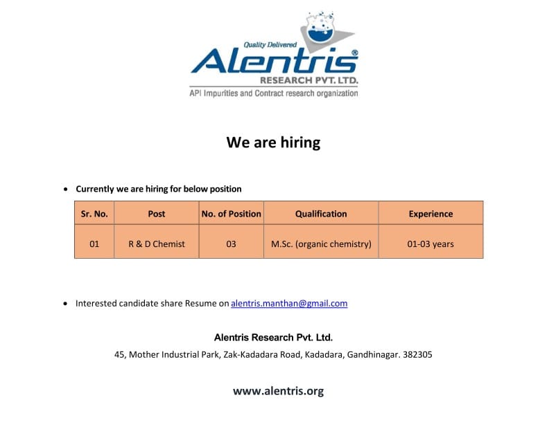 MSc Organic Chemistry Jobs in Gandhinagar