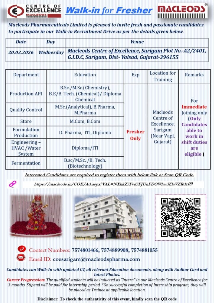 Macleods Walk-In Drive 2026 for Freshers | Gujarat