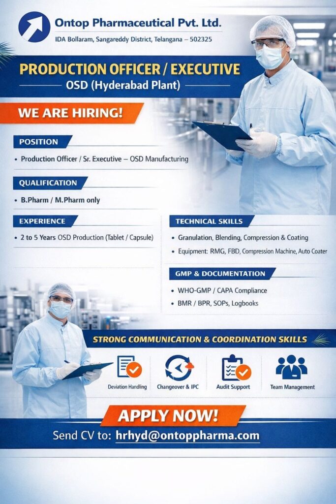 Ontop Pharmaceutical Production Officer Job 2026