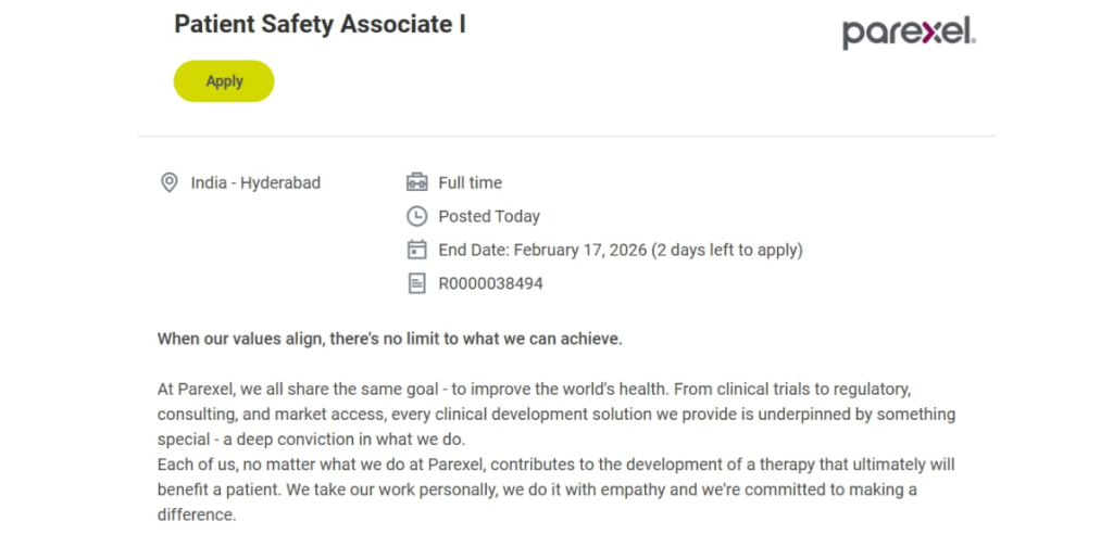 Parexel Patient Safety Associate Hiring 2026