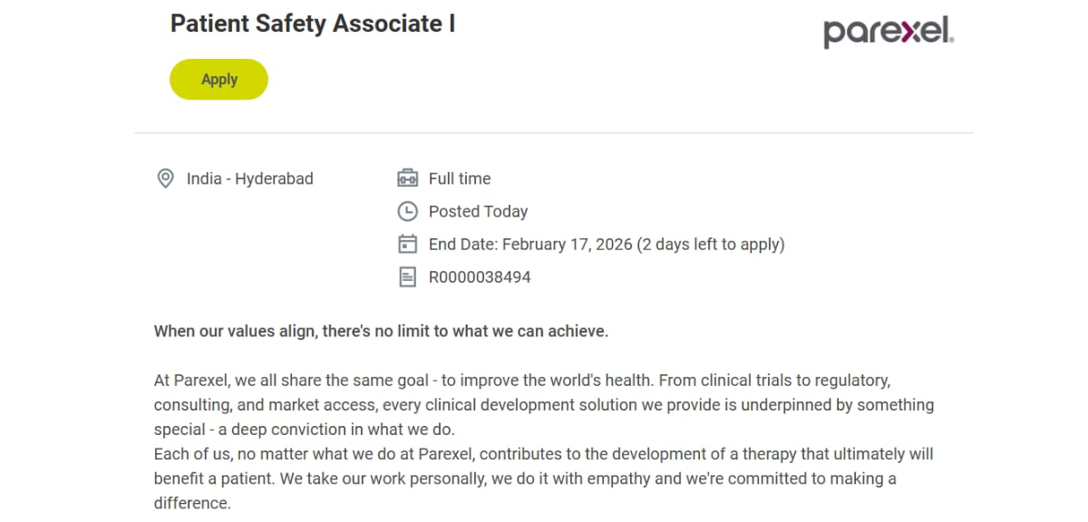 Parexel Patient Safety Associate Hiring 2026