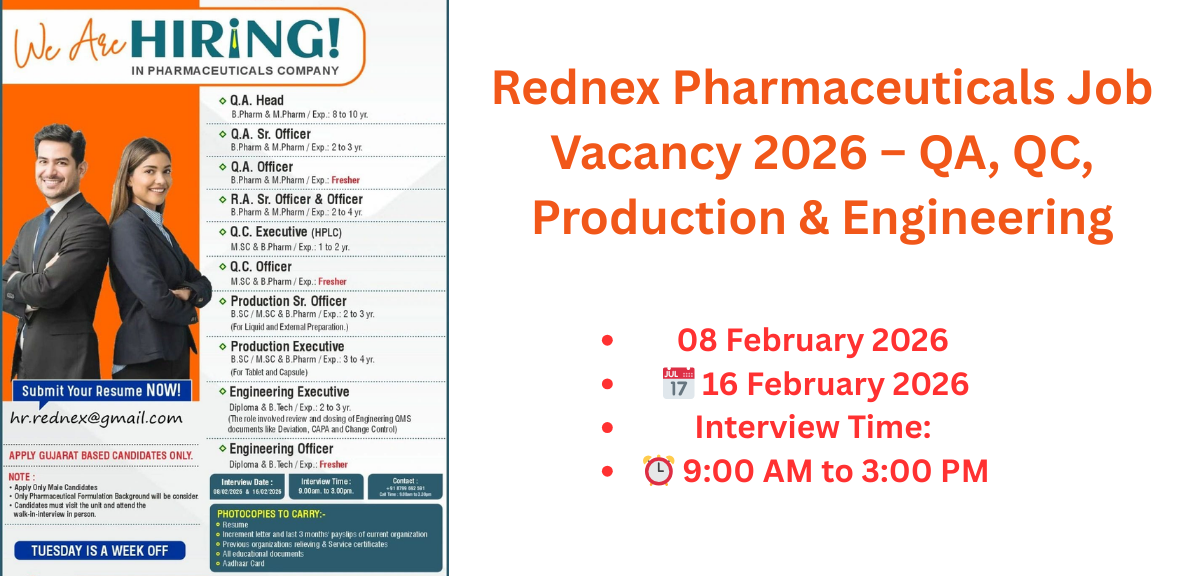 Rednex Pharmaceuticals Job Vacancy 2026