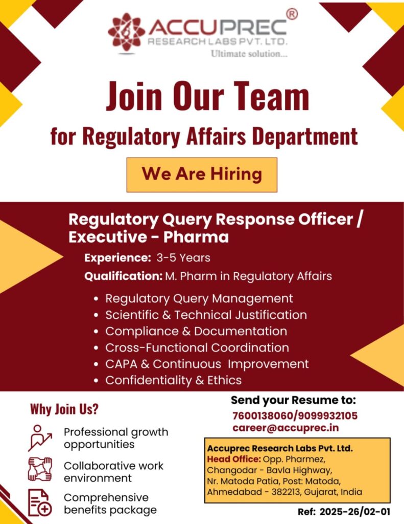 Regulatory Affairs Job at Accuprec Research Labs
