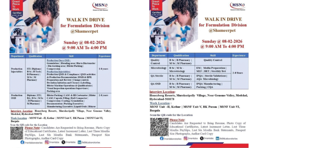 MSN Laboratories Walk In Drive 2026