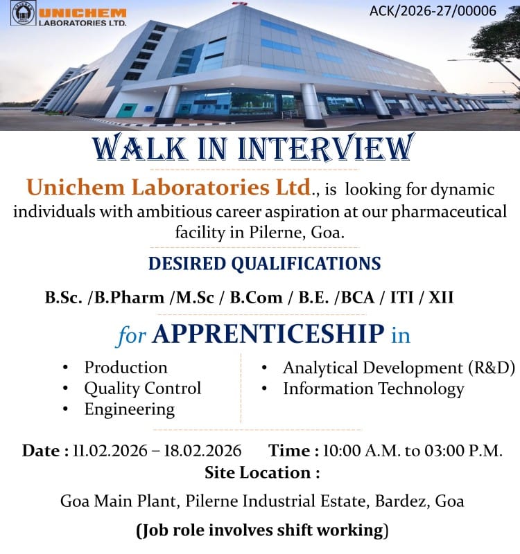 Unichem Laboratories Walk in Interview 2026 Goa