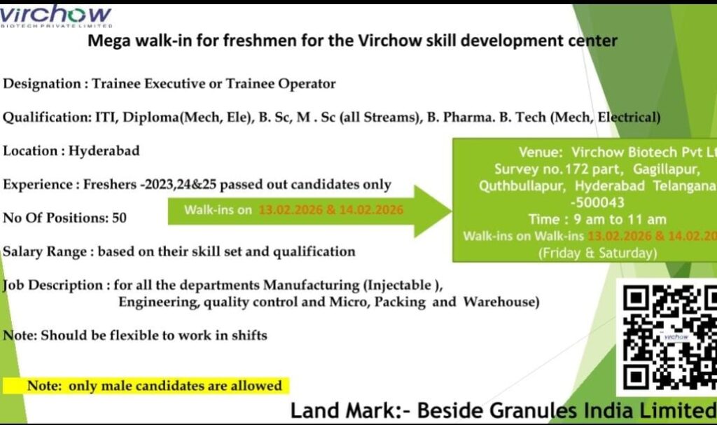 Virchow Mega Walk-In 2026 for Freshers in Hyderabad