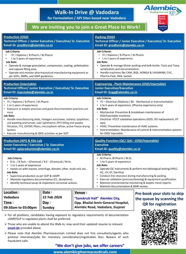 Walk in Interview For QA QC Engineering Formulation Gujrat