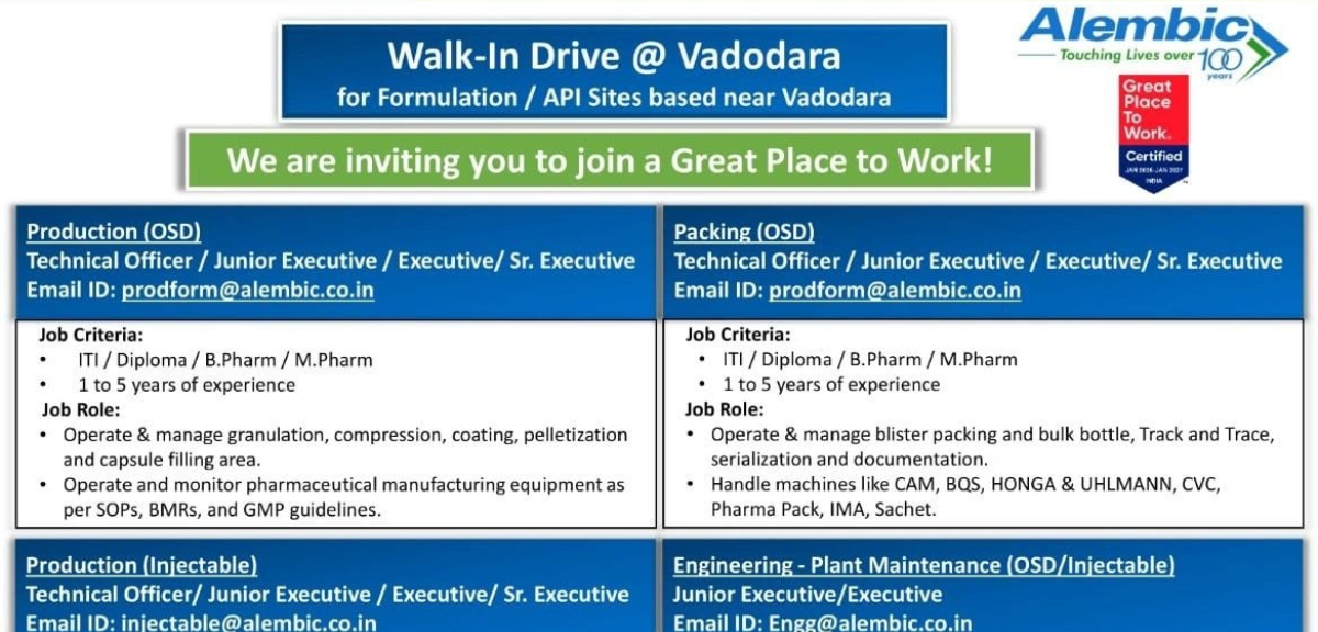 Walk in Interview For QA QC Engineering Formulation Gujrat