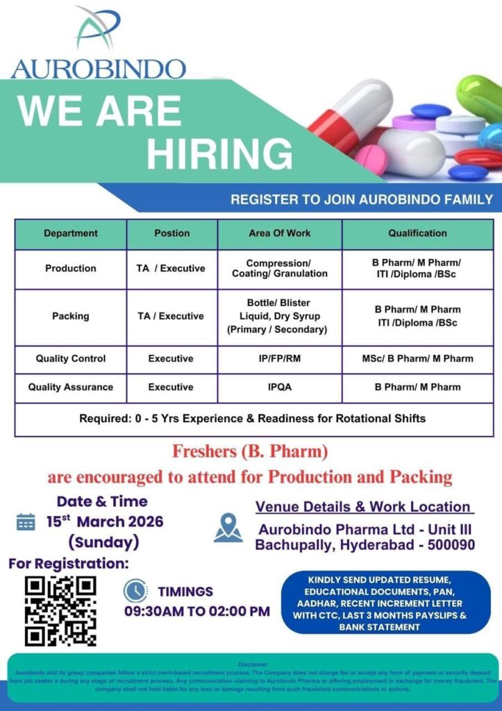 Aurobindo Pharma Walk-In Interview 2026