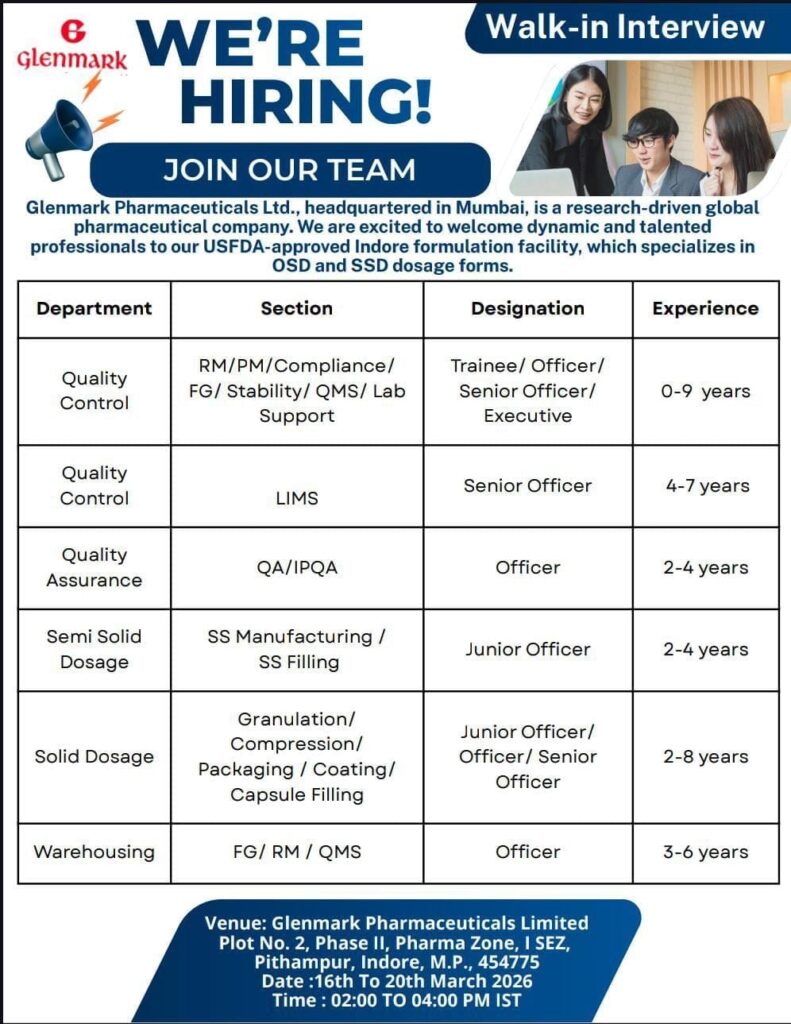 Glenmark Walk-In Interview 2026