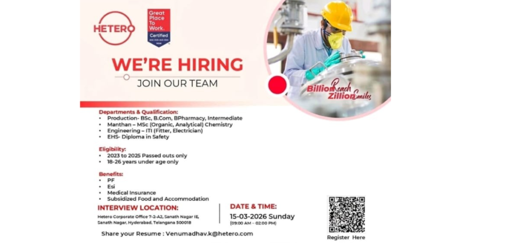 Hetero Pharma Walk-in Interview 2026 for Freshers
