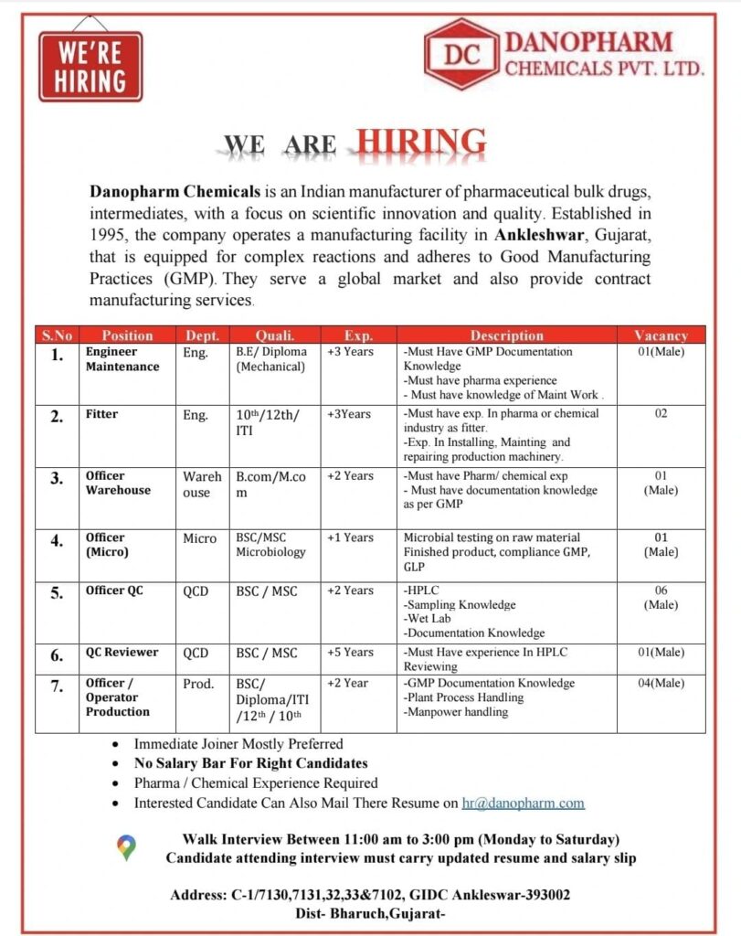 Pharma Jobs in Ankleshwar