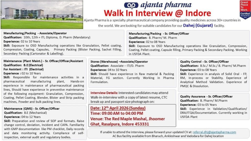 Ajanta Pharma Walk-In Interview 2026