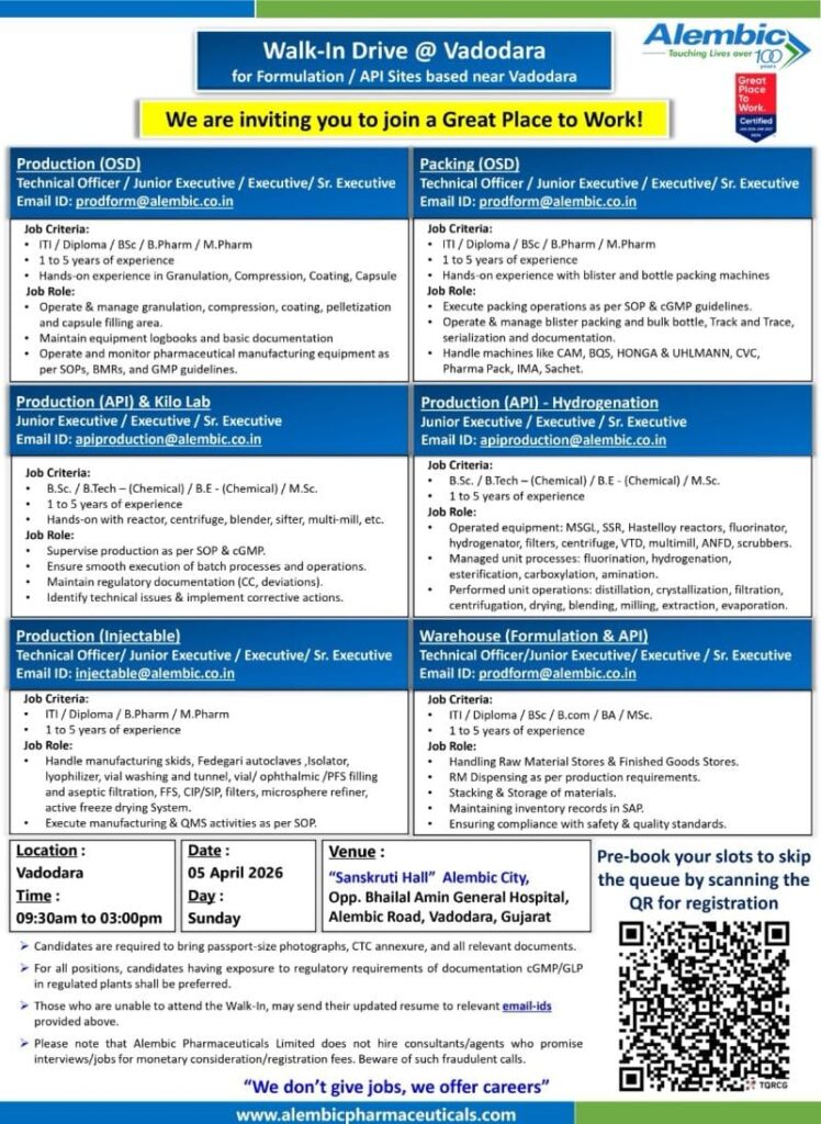 Alembic Pharma Walk-In Drive 2026 Vadodara