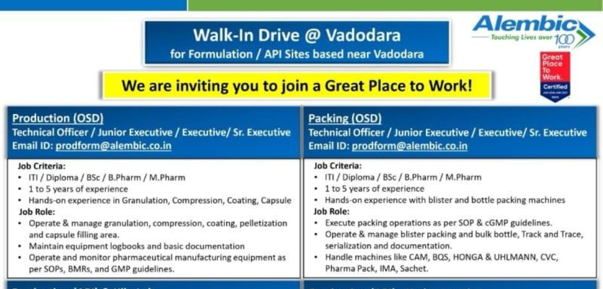 Alembic Pharma Walk-In Drive 2026 Vadodara