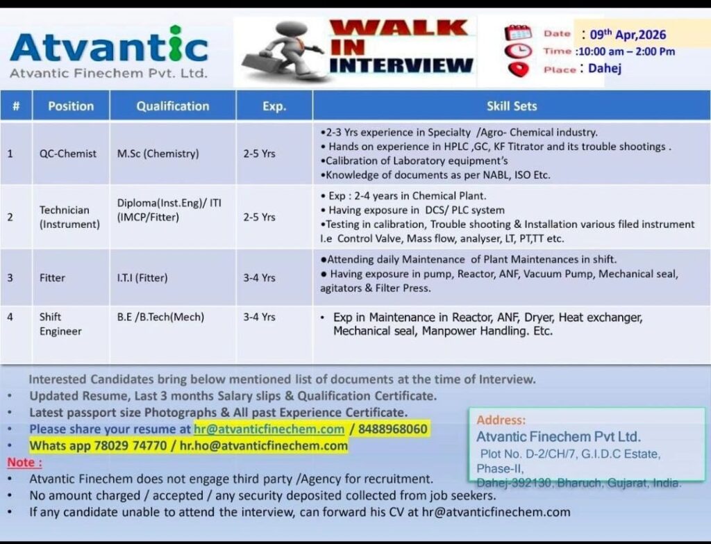 Atvantic Finechem Job Vacancy 2026