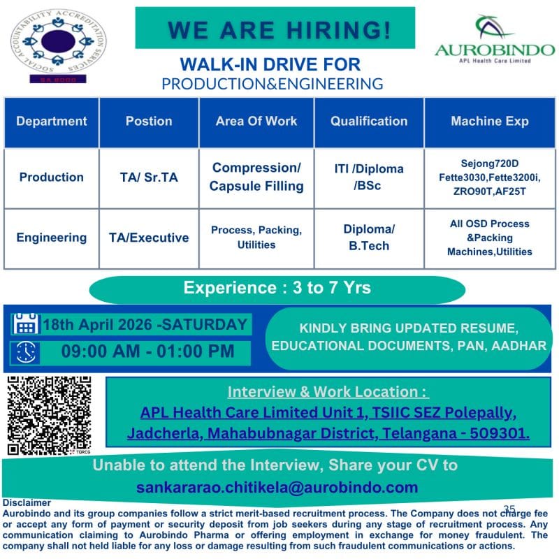 Aurobindo Pharma Walk-in Drive 2026