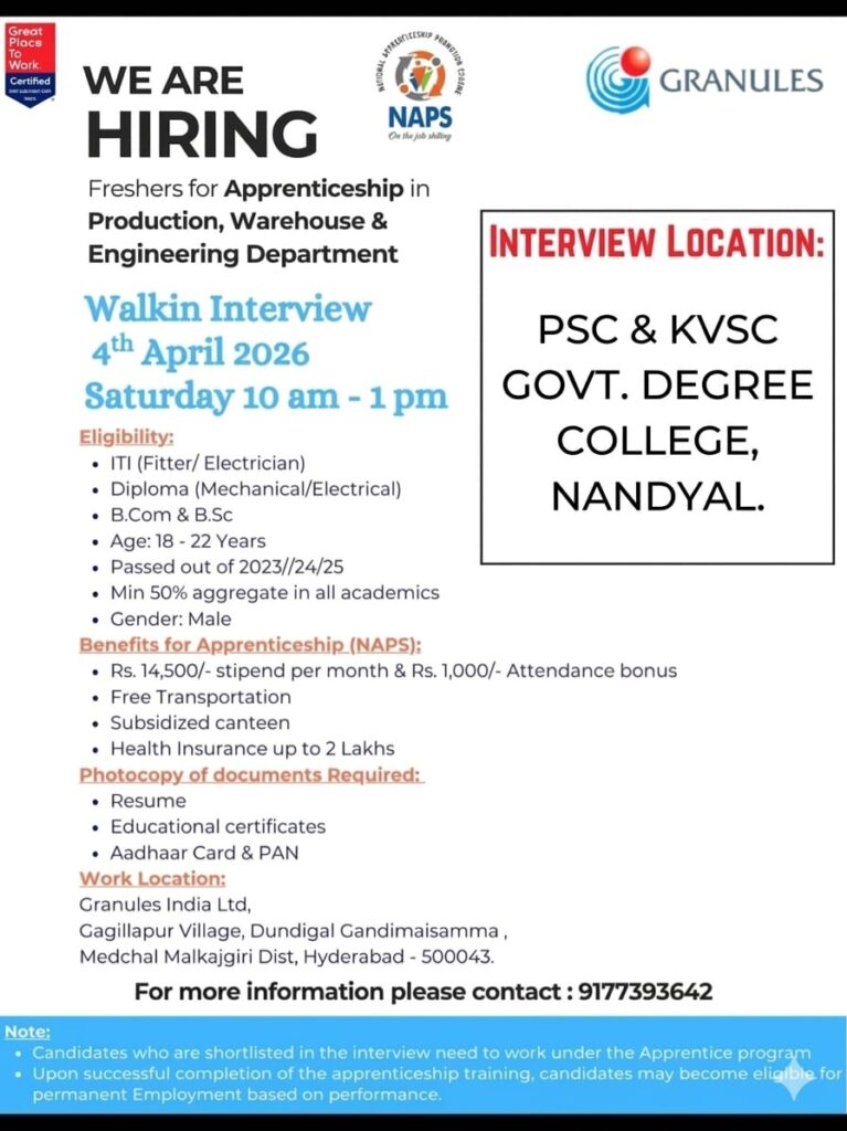 Granules India Apprenticeship 2026 Walk-In | Freshers Jobs in Hyderabad