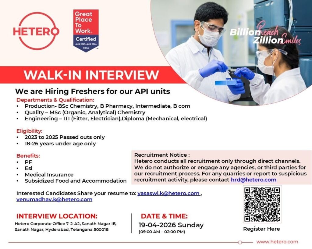 Hetero Walk-In Interview 2026 for Freshers
